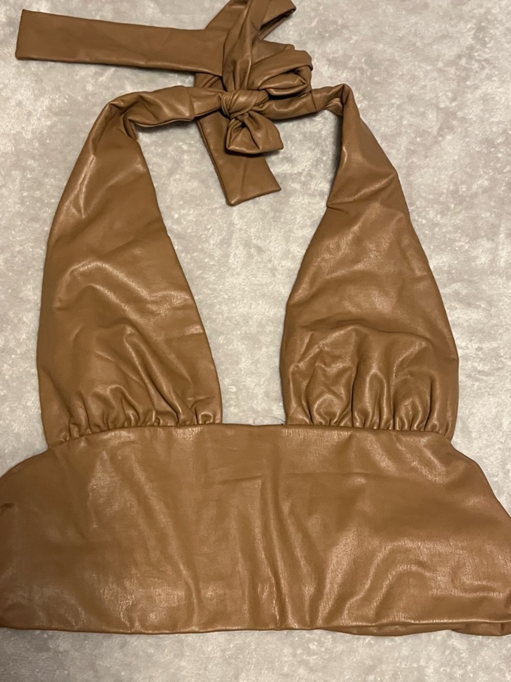 Faux Leather Halter Crop Top — Camel Brown